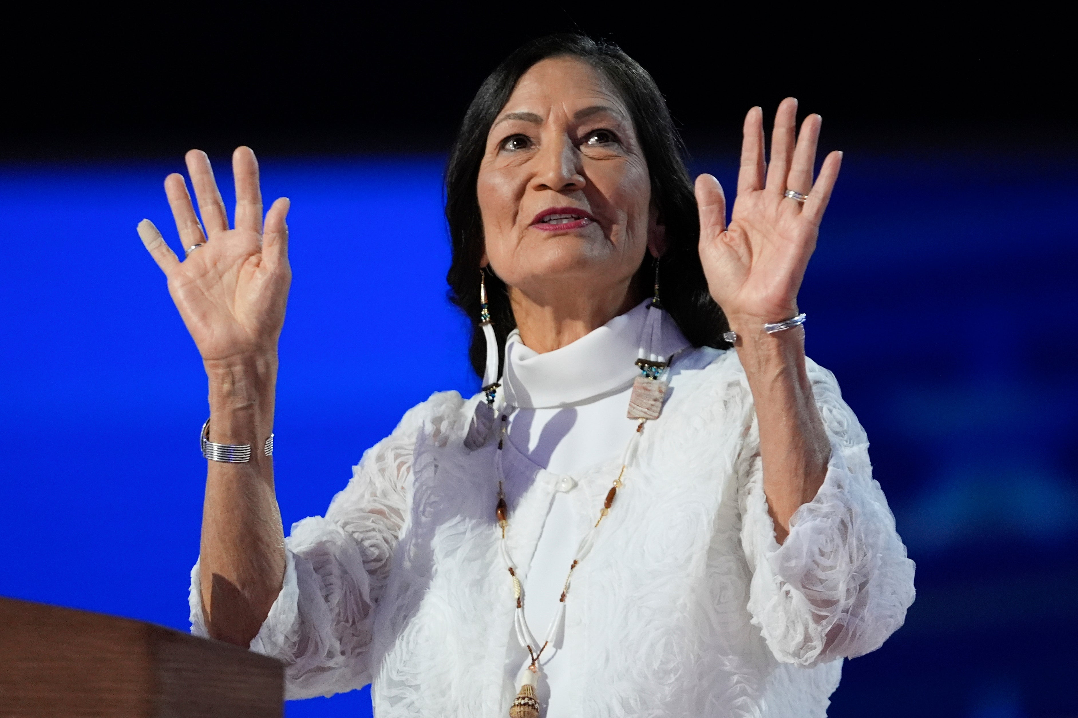 Interior Secretary Deb Haaland speaks during the Democratic National Convention on Thursday. Haaland’s speech spoke directly to the climate crisis