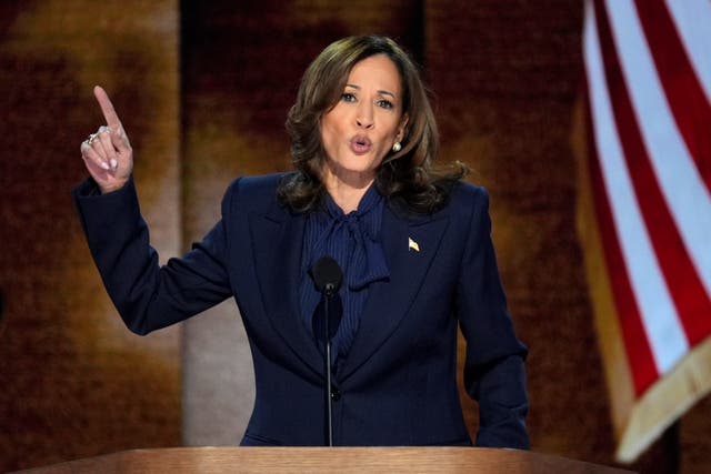 <p>Democratic presidential nominee Vice President Kamala Harris speaks during the Democratic National Convention Thursday, Aug. 22, 2024, in Chicago. (AP Photo/J. Scott Applewhite)</p>