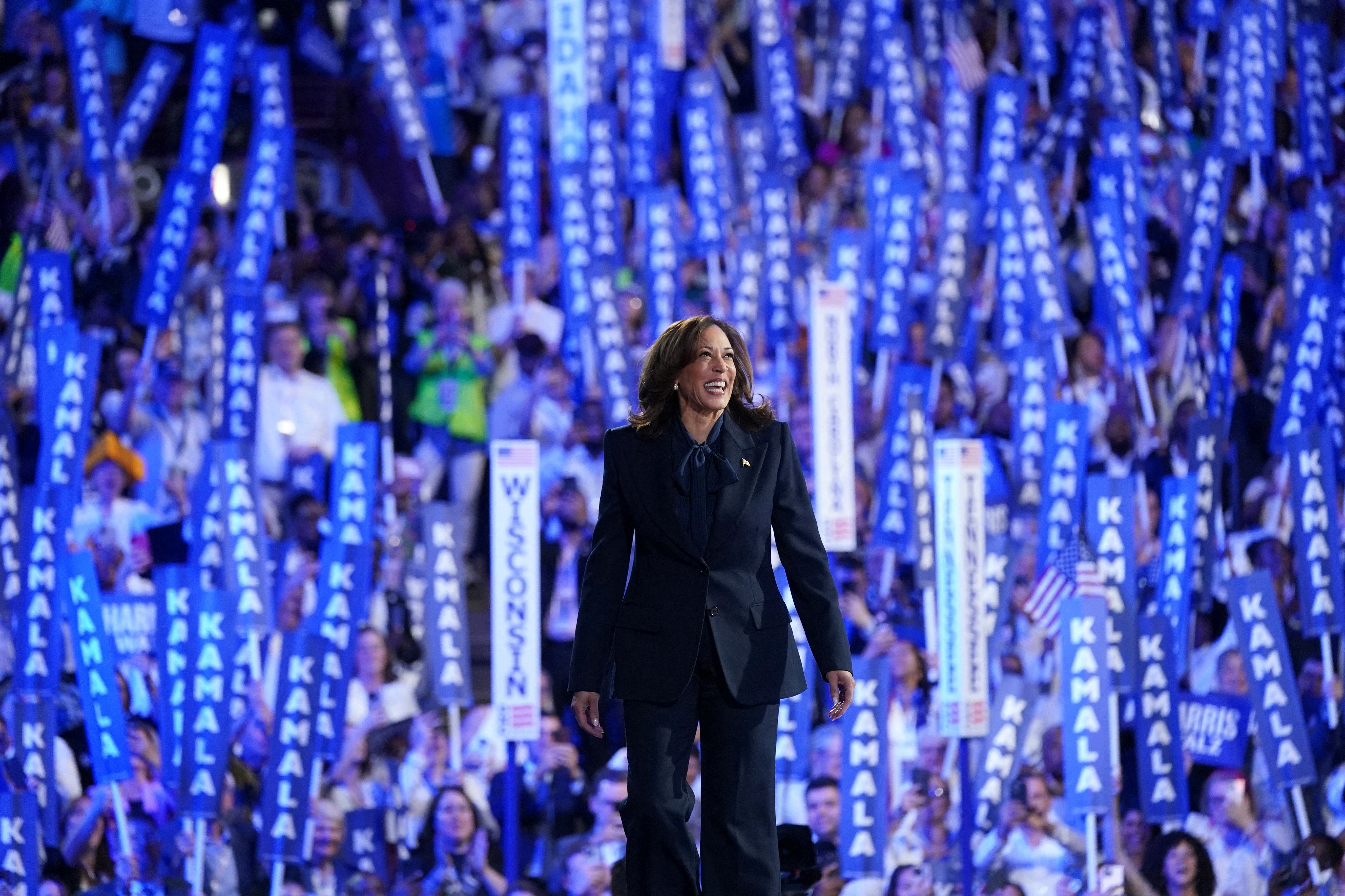 Kamala Harris accepts the nomination as the Democratic presidential candidate at the party convention in Chicago on August 22