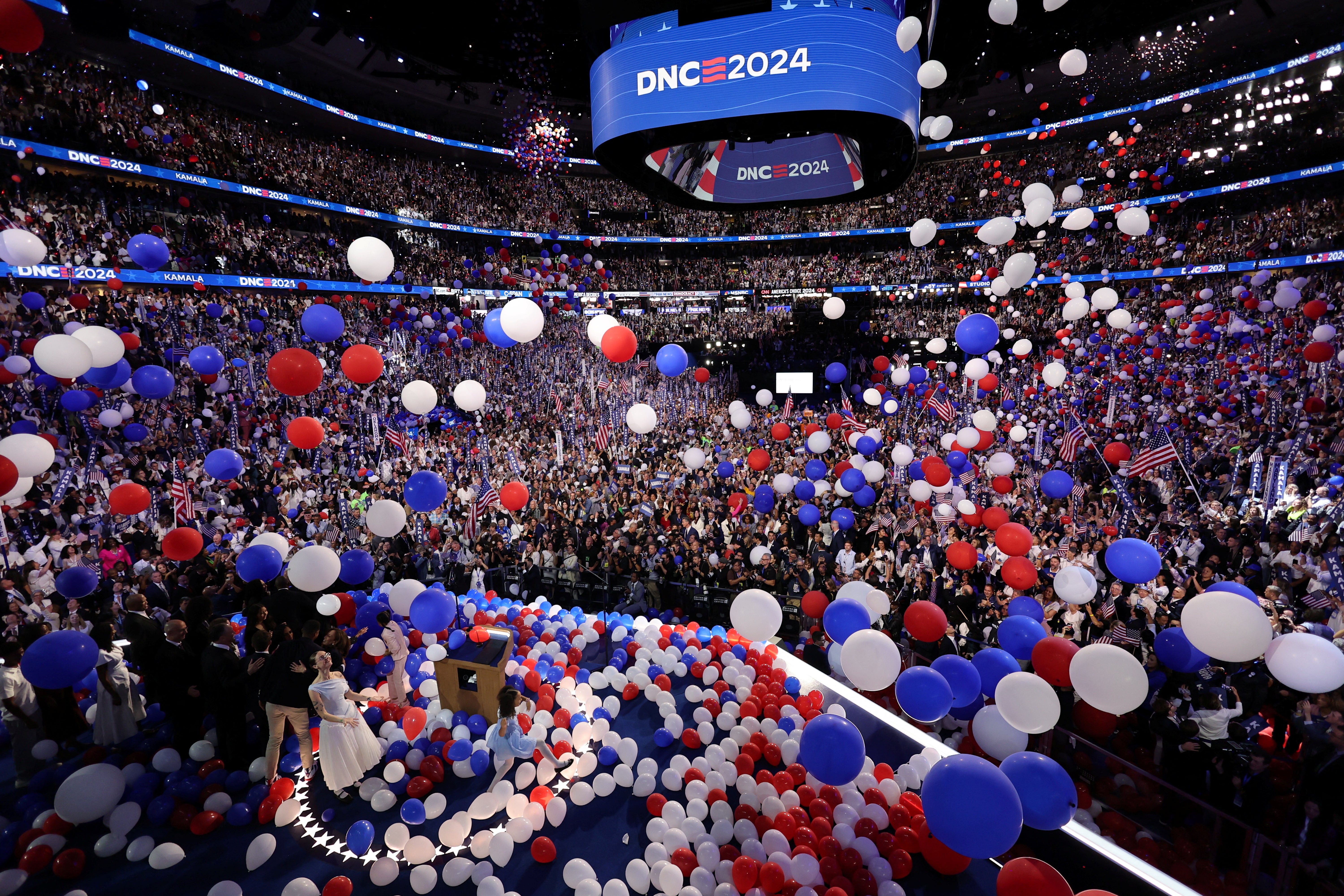 Balloons are released after Democratic presidential nominee Kamala Harris closed out the DNC in a powerful speech on Thursday night