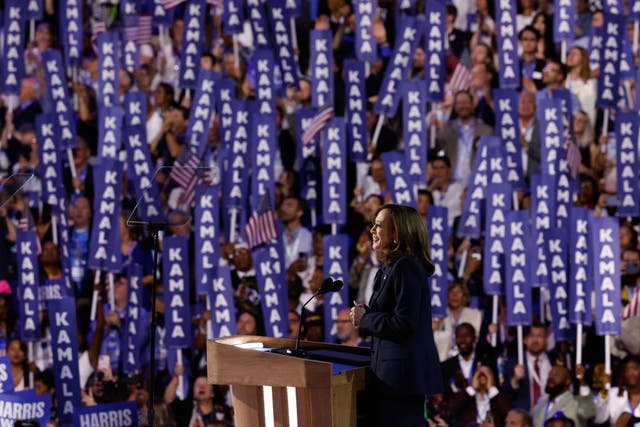 <p>Kamala Harris gave the keynote address on the final night of the Democratic convention in Chicago as her opponent, Donald Trump, posted angrily on Truth Social</p>