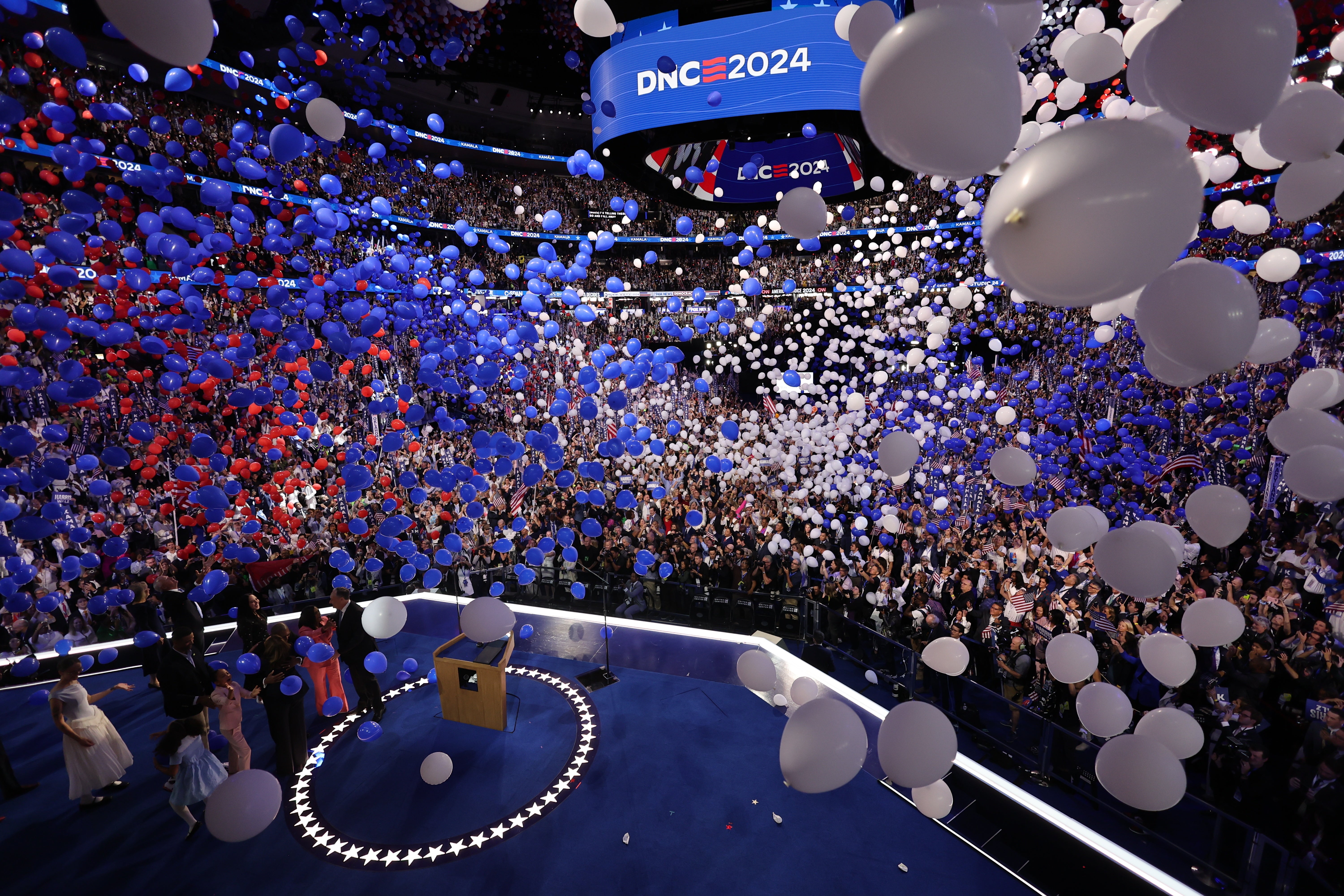 Balloons are released after Kamala Harris appeared on stage on the final day of the Democratic National Convention on August 22