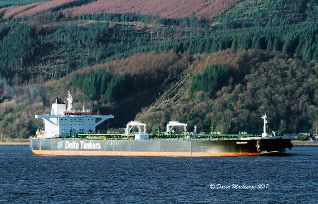 <p>The Greek-flagged oil tanker Sounion is seen heading into the Finnart Ocean Terminal in the United Kingdom on 29 November2017</p>