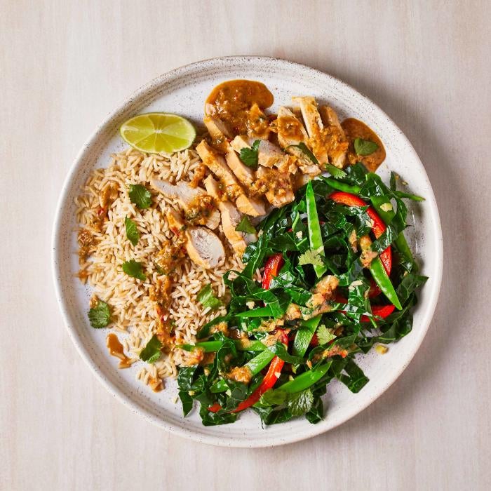 This Thai-style dish combines protein-packed chicken breast, fibre-rich brown rice and vibrant veg to keep you fuller for longer