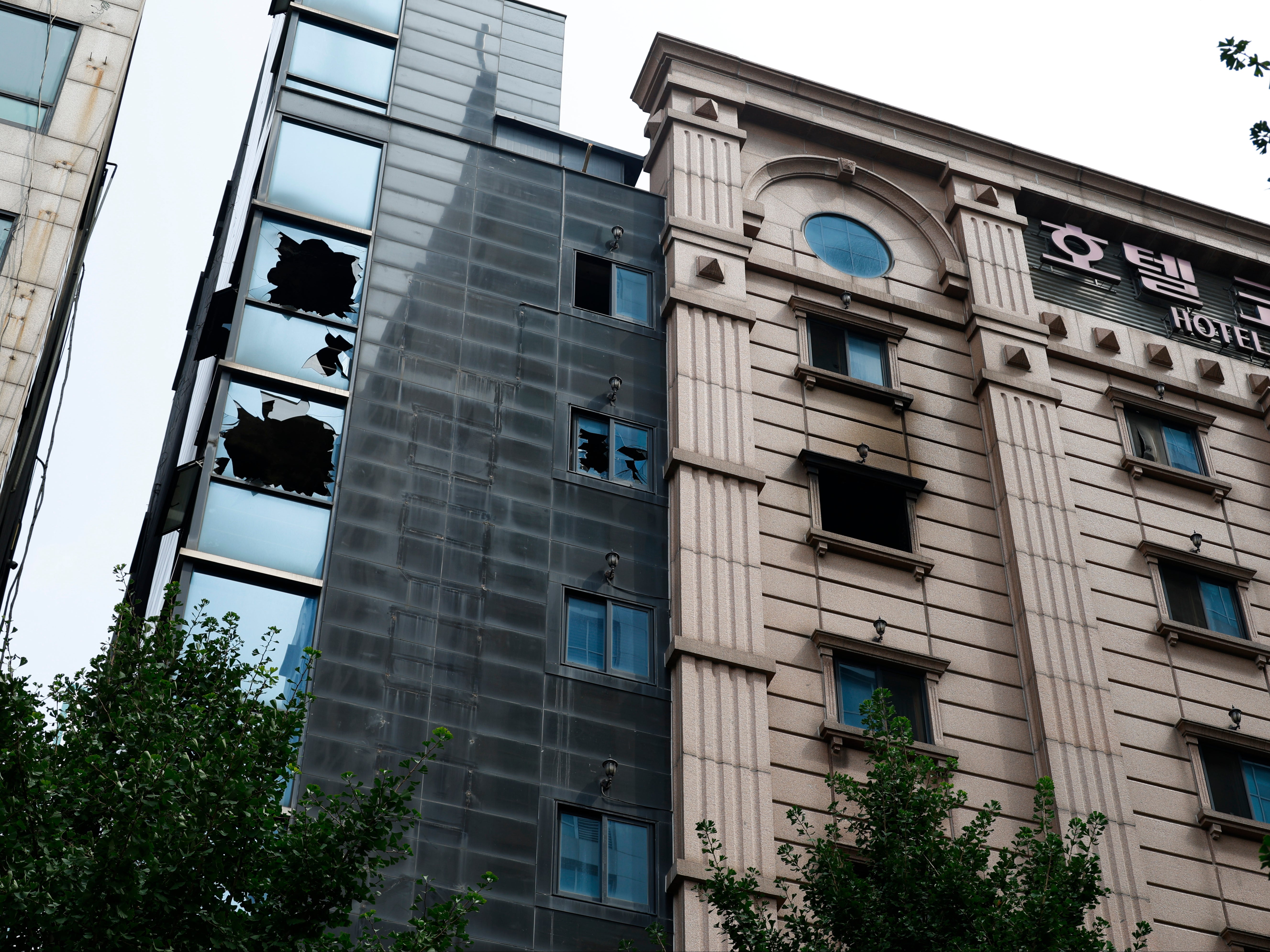 A view the site of a fire at a hotel in Bucheon, around 25 km west of Seoul, South Korea, 23 August 2024