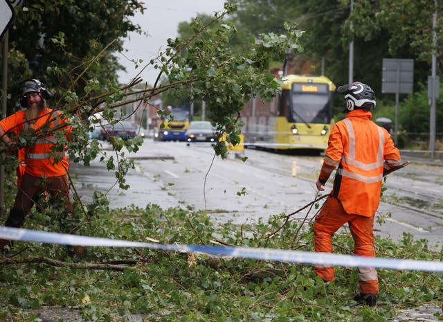 <p>Workers begin to remove fallen tree branches after strong winds brought by Storm Lilian brought down trees blocking roads and tram routes in Manchester</p>