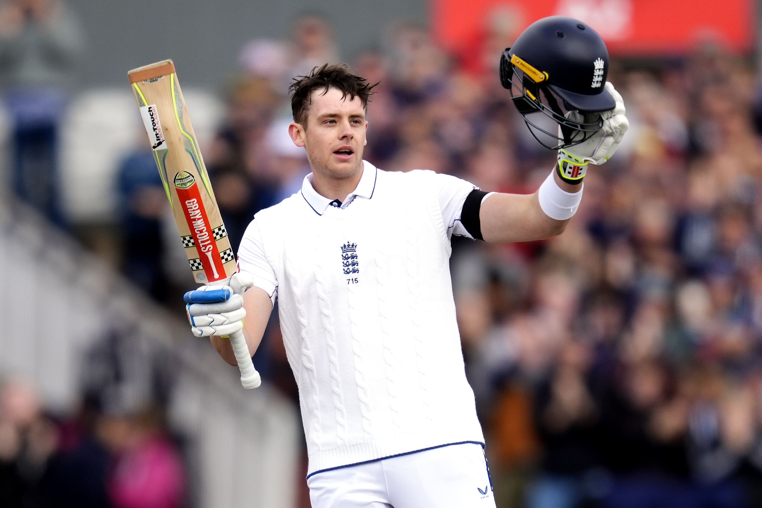 England’s Jamie Smith celebrates after reaching his century (Nick Potts/PA)