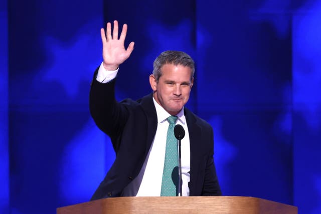 <p>Former Representative from Illinois Adam Kinzinger speaks on the final night of the Democratic National Convention at the United Center in Chicago, Illinois, in August 2024. He gave a succinct response to Trump’s threat of jailing him and his colleagues on the January 6 House panel </p>