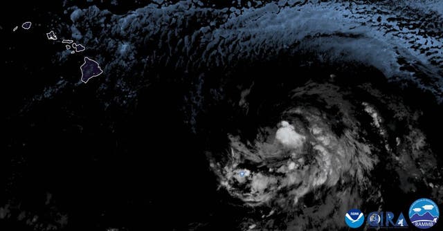 <p>Tropical Storm Hone swirls over the Pacific Ocean on Friday morning. Hawaii’s Big Island is bracing for impacts from the storm</p>