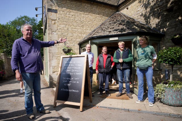 <p>Jeremy Clarkson at the opening of his new pub, The Farmer’s Dog (PA)</p>