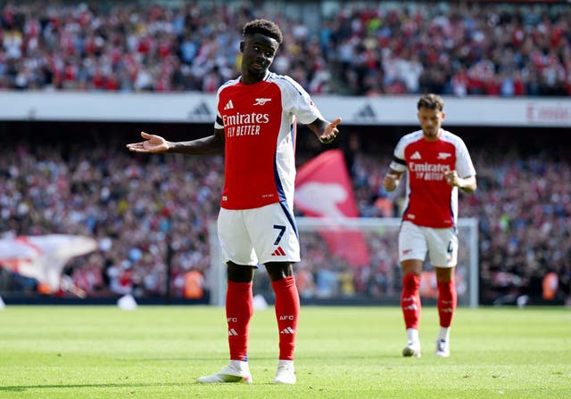 <p>Bukayo Saka got off the mark in Arsenal’s opening day win against Wolves</p>