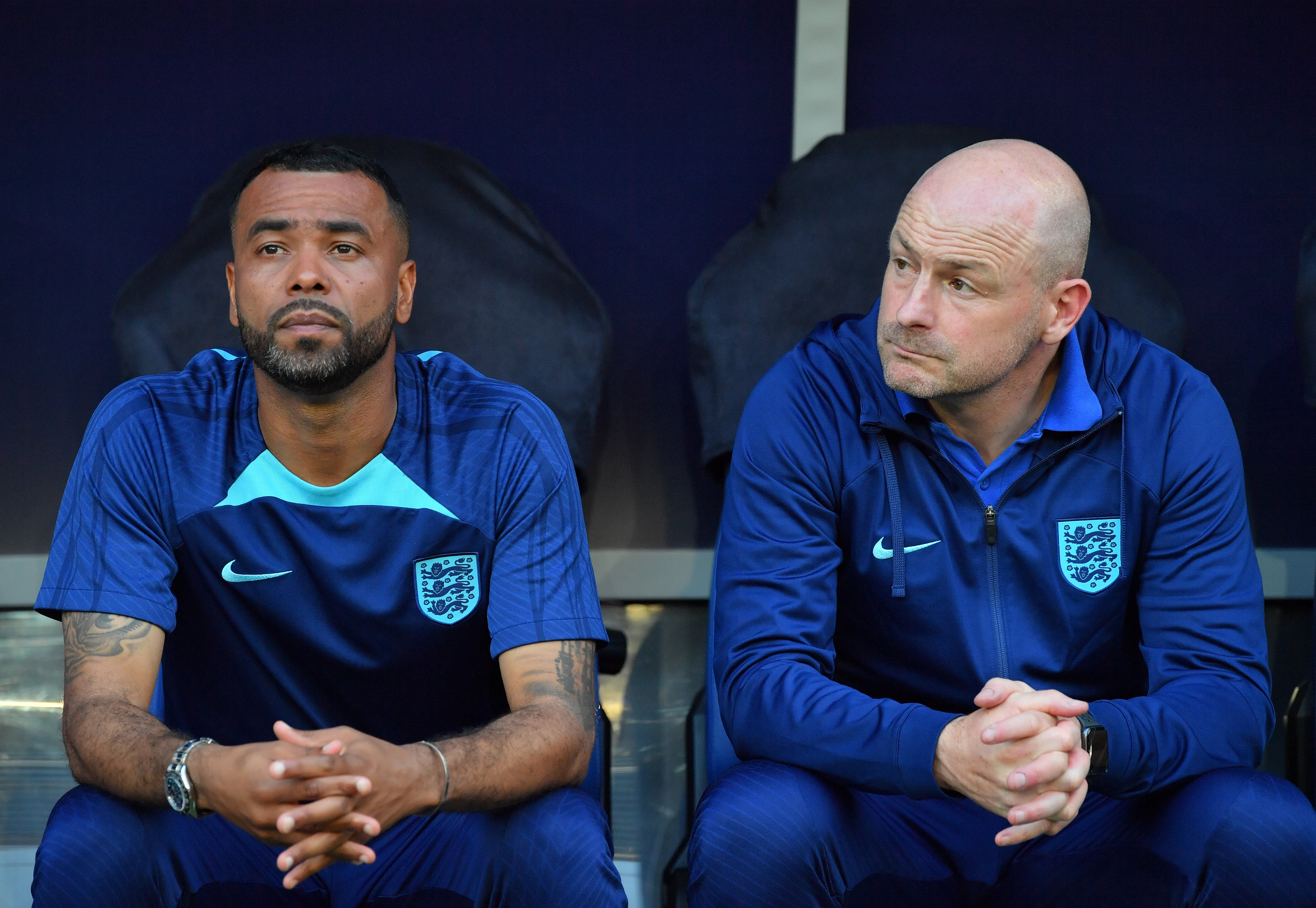 Ashley Cole (left) has joined the backroom staff England’s interim manager Lee Carsley (right).