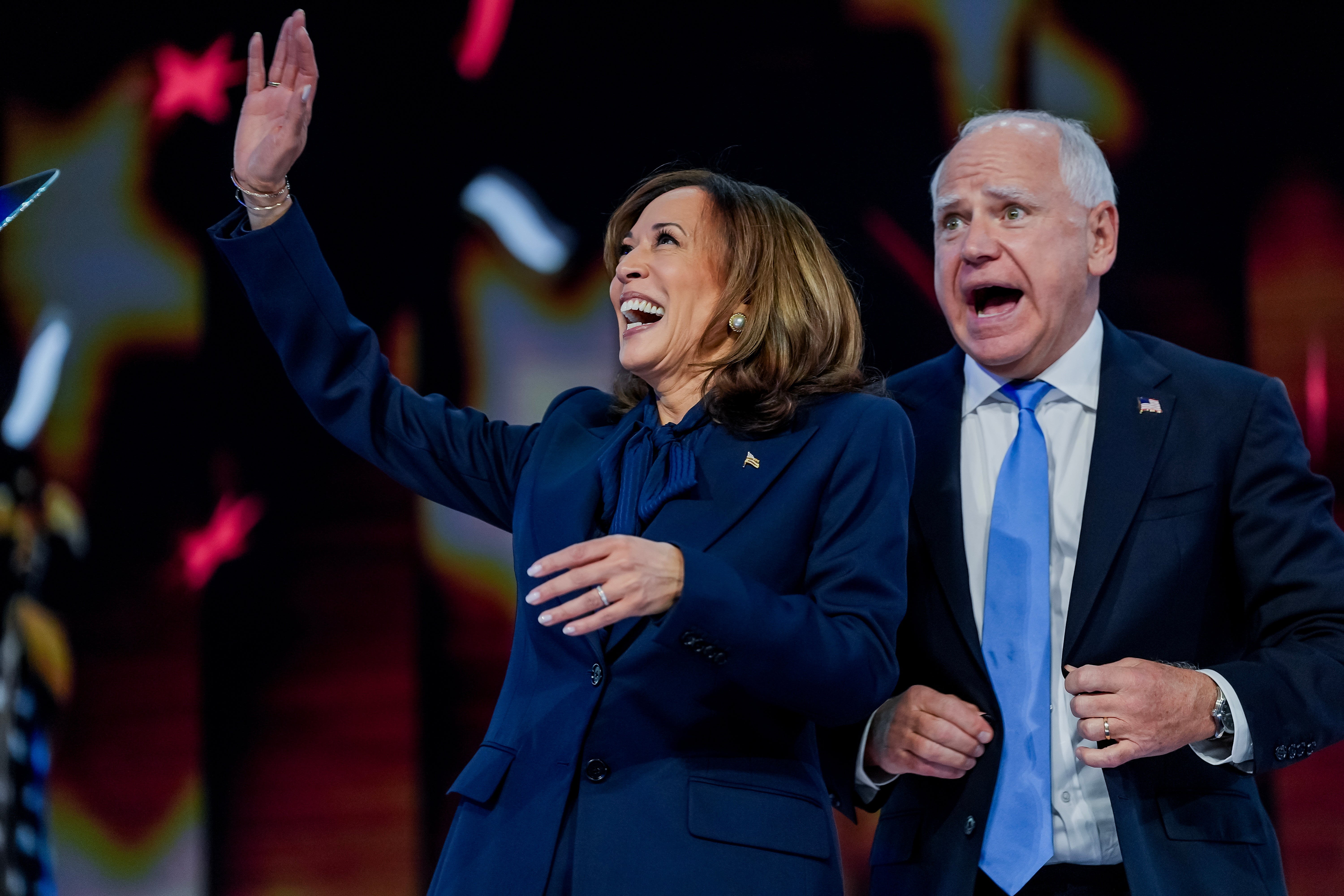 Democratic presidential nominee Kamala Harris and vice presidential nominee Governor Tim Walz celebrate after Harris delivered her speech on the final night of the Democratic National Convention. The speeches both had a similar theme: freedom.