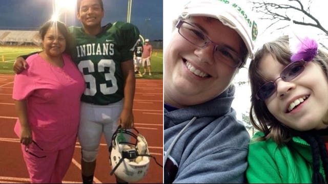 <p>Rosie Yanas Stone and son Chris Stone (left) and Rhonda Hart with her daughter Kimberly Vaughan (Right)</p>