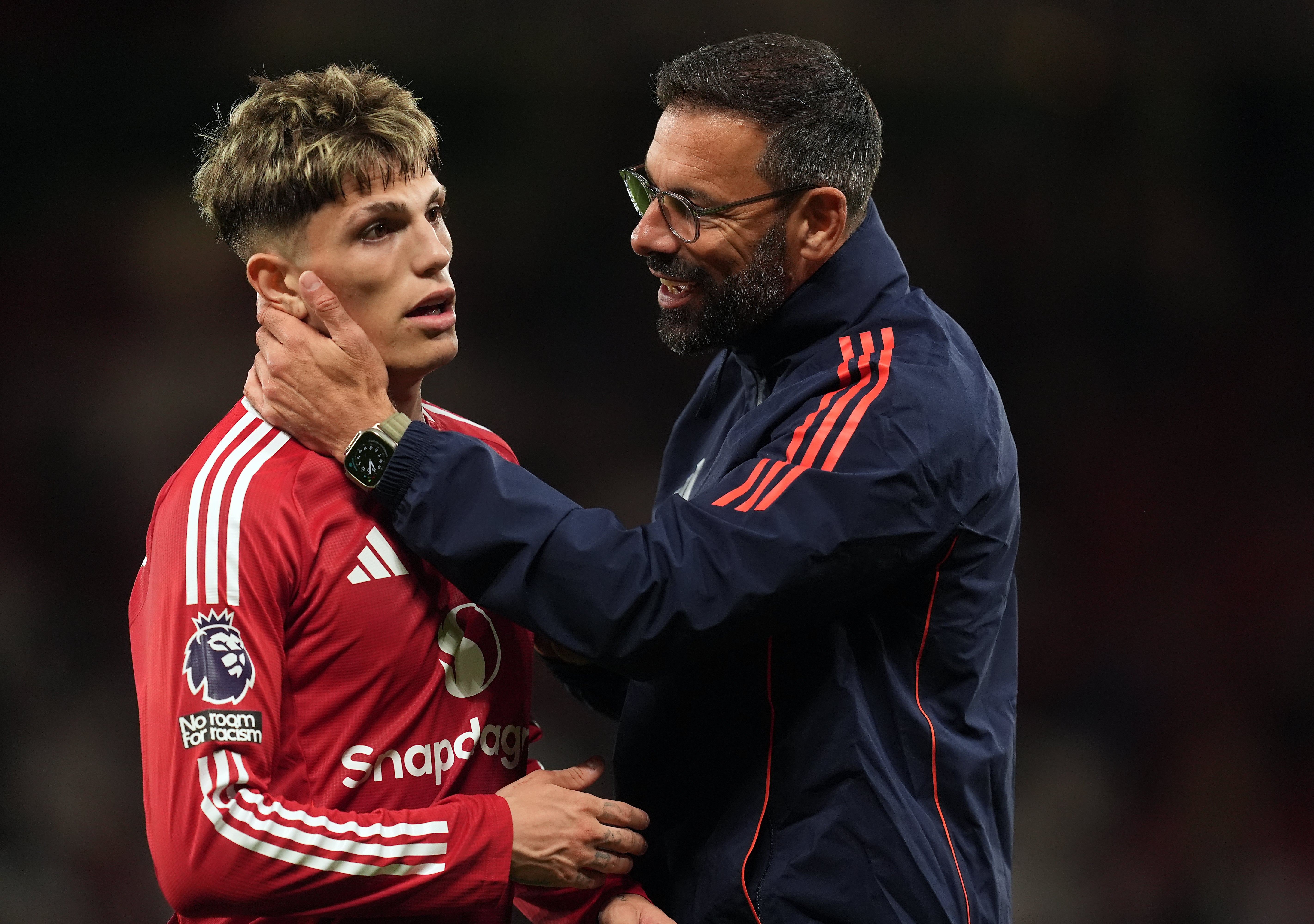 Alejandro Garnacho and coach Ruud van Nistelrooy after the Fulham match (Martin Rickett/PA)