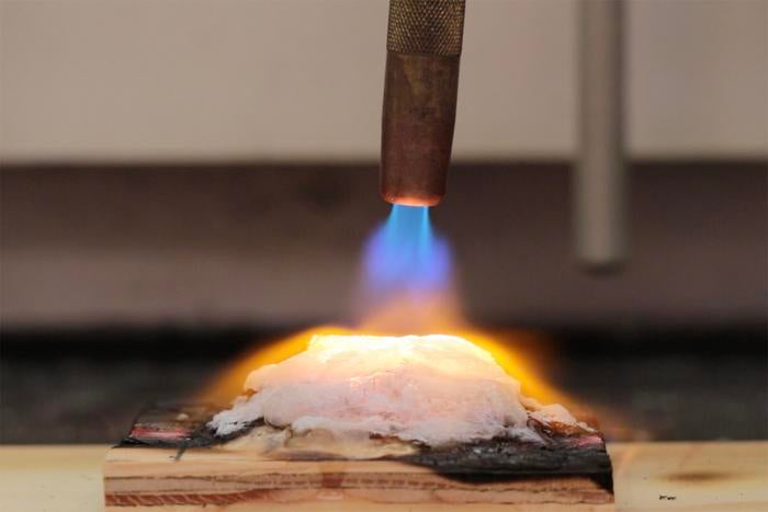 During a test on plywood, researchers showed how the new gel transitions from a hydrogel to an aerogel under heat from a gas hand-torch. The torch burned at a much higher temperature than would result from a wildfire. The breakthrough could save homes during worsening wildfire seasons