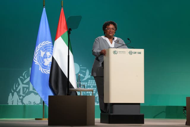 <p>Mia Mottley, Prime Minister of Barbados, speaks at COP28 on December 2, 2023 in Dubai, United Arab Emirates</p>