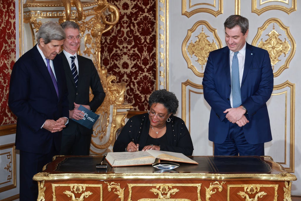 Mia Motley with former Secretary of State John Kerry, MSC President Christoph Heusgen and Bavarian President Markus Soder at the Munich Security Conference on February 17, 2024