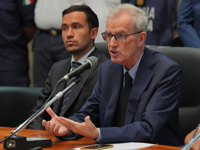 <p>Chief prosecutor Ambrogio Cartosio (right) during a press conference in Termini Imerese (Jonathan Brady/PA)</p>