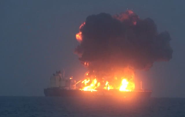 <p>A handout screen grab taken from a video released by the Houthis media center on 23 August 2024 shows flames and smoke rising from an explosion at the Greek-flagged oil tanker Sounion after an attack in the Red Sea, Yemen</p>