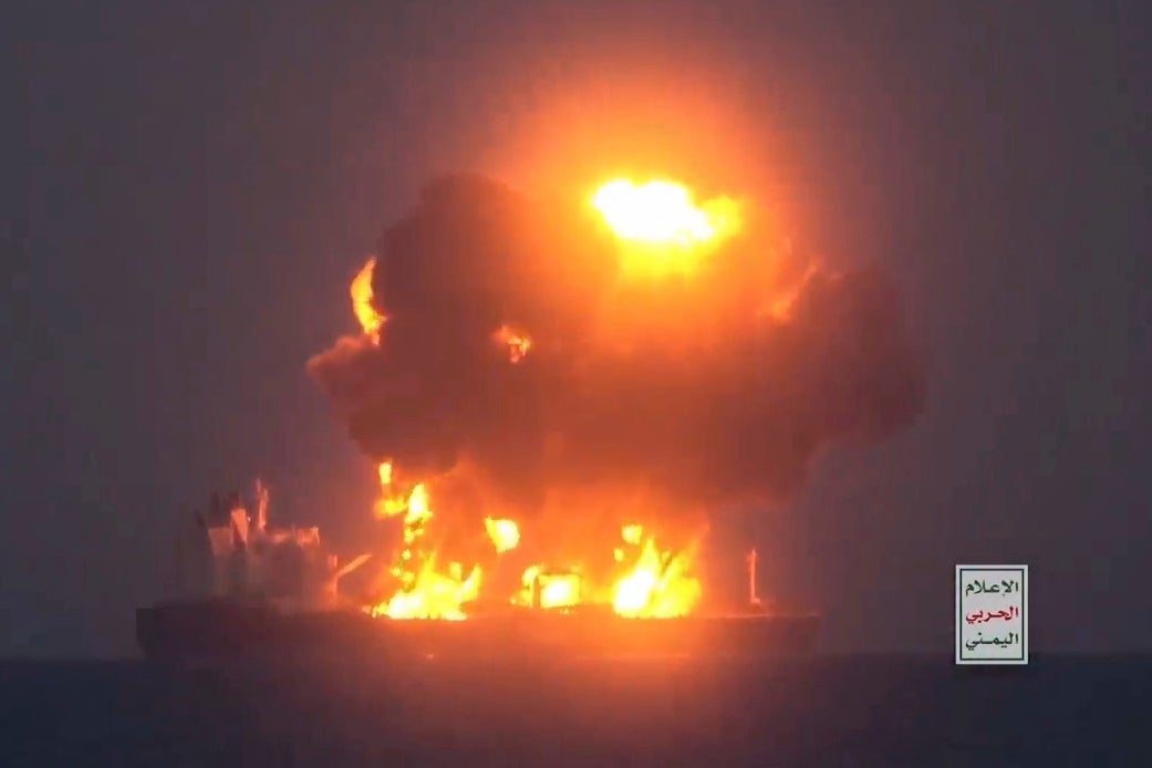 Image from footage the Houthis say was as one of their attacks on the Greek-flagged oil tanker Sounion in the the Red Sea