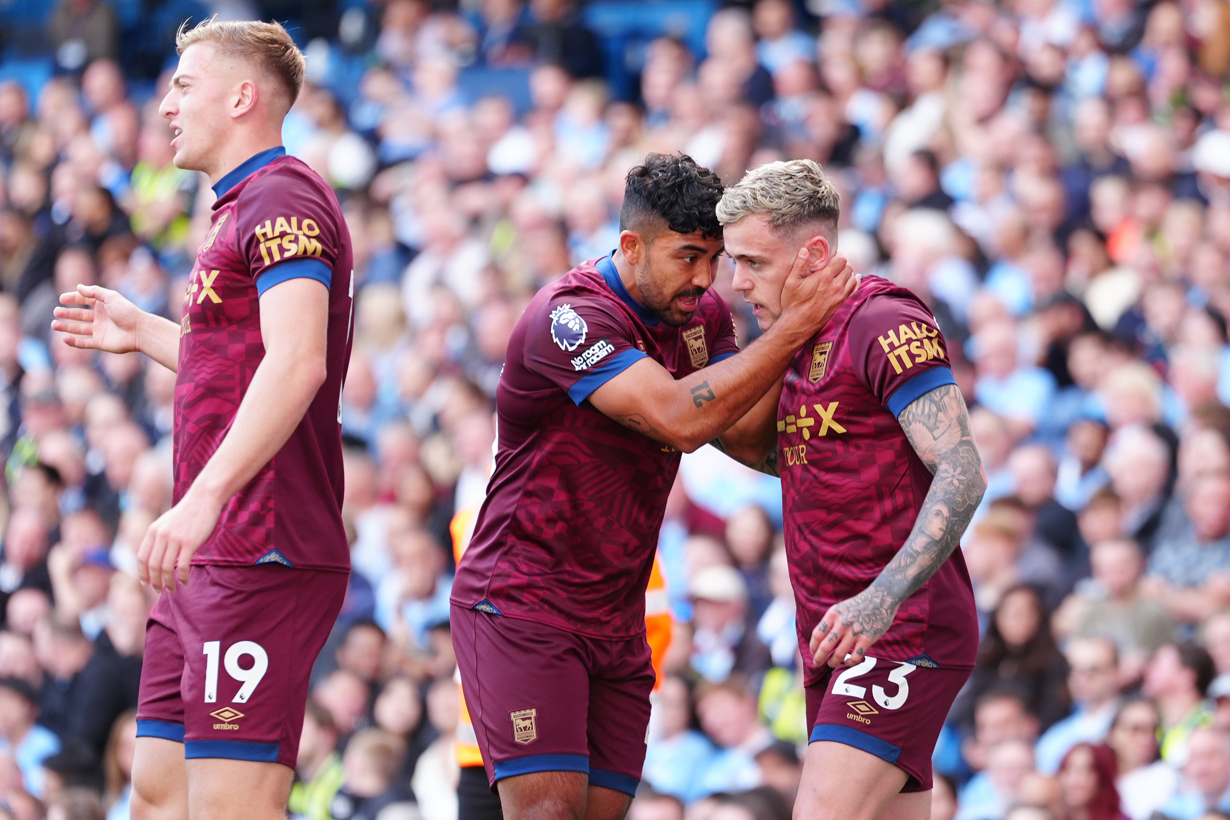 Ipswich Town's Sammie Szmodics (right) celebrates with teammates after scoring the opening goal