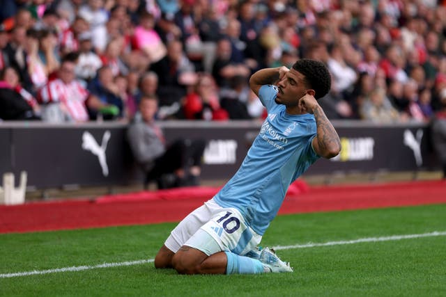 Morgan Gibbs-White celebrates scoring the winner (Steven Paston/PA)