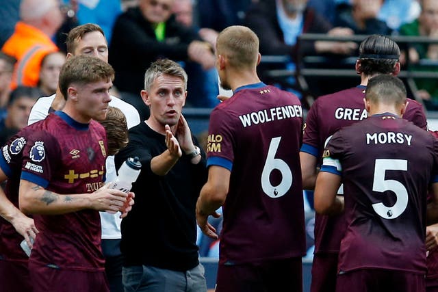 <p>Ipswich Town manager Kieran McKenna delivers a team talk at the Etihad Stadium</p>