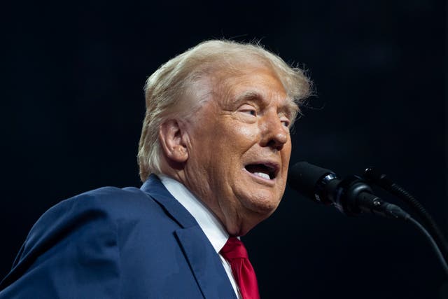 <p>Republican presidential nominee, former U.S. President Donald Trump speaks during a campaign rally at Desert Diamond Arena on August 23, 2024 in Glendale, Arizona</p>