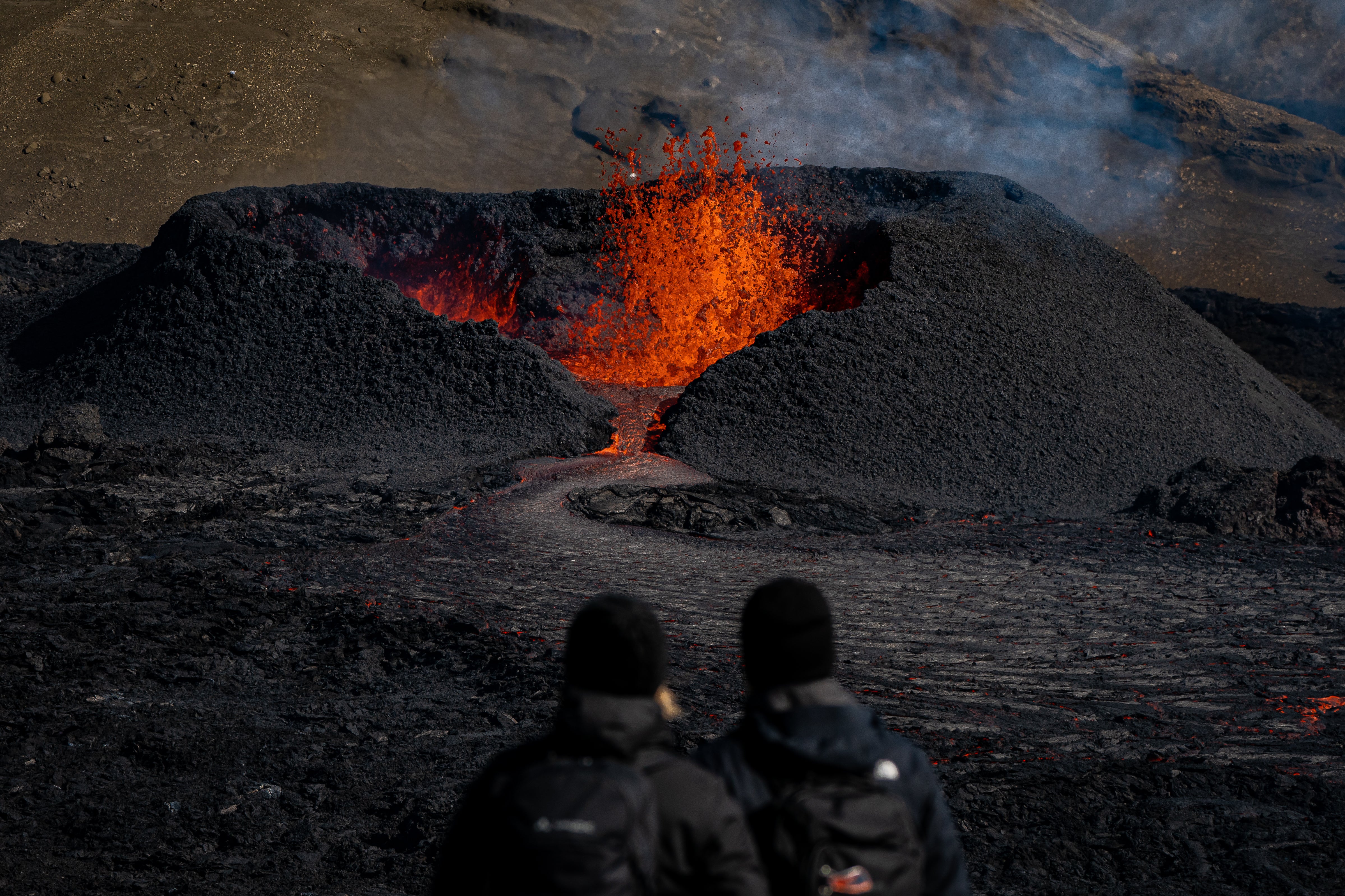 Lava flows from the volcano in Fagradalsfjall, Iceland