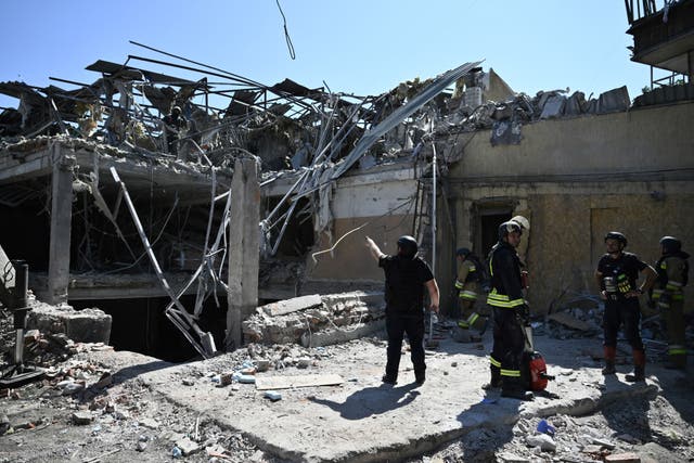 <p>Ukrainian emergency services carry out a search and rescue operation among the rubble of a destroyed hotel after a strike in the town of Kramatorsk, Donetsk region</p>