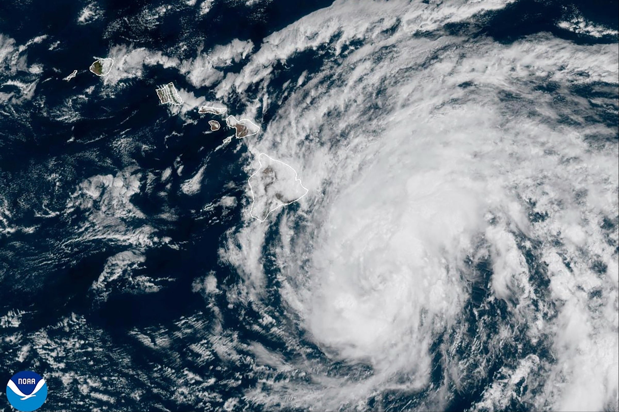 An image provided by the National Oceanic and Atmospheric Administration shows Tropical Storm Hone as it continues to track to the west toward the Hawaiian Islands, Saturday, Aug. 24, 2024