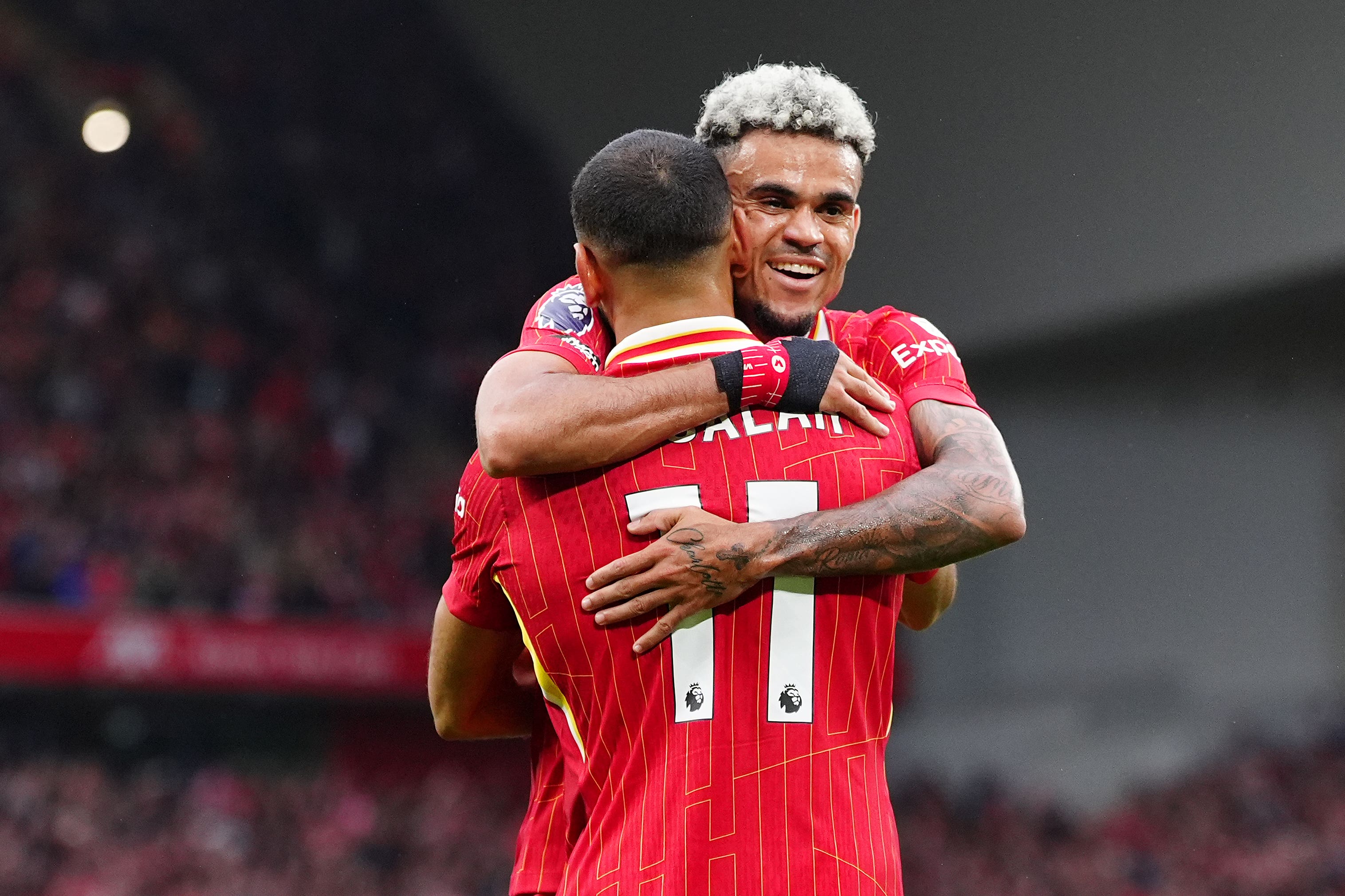 Salah celebrates scoring Liverpool’s second goal of the game with Diaz