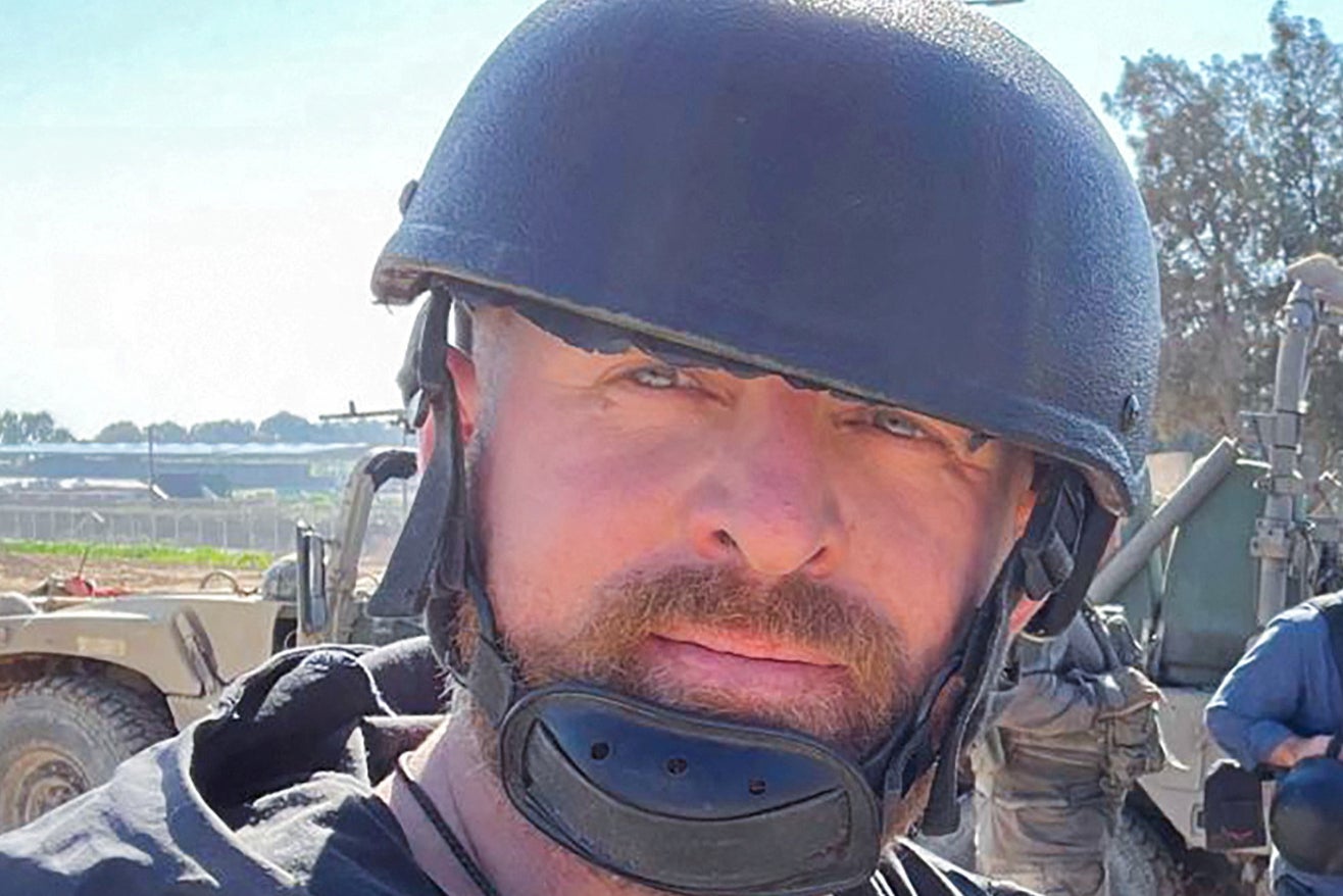 Reuters security adviser Ryan Evans takes a selfie while working with a news reporter team near the Gaza border in Be'eri, southern Israel, February 8, 2024