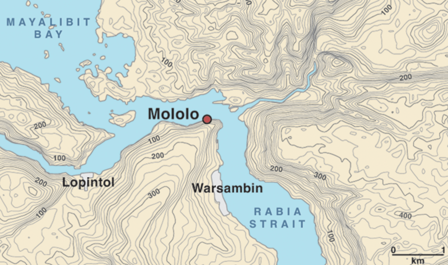 Location of Mololo Cave at the entrance to Mayalibit Bay