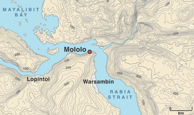 <p>Location of Mololo Cave at the entrance to Mayalibit Bay</p>