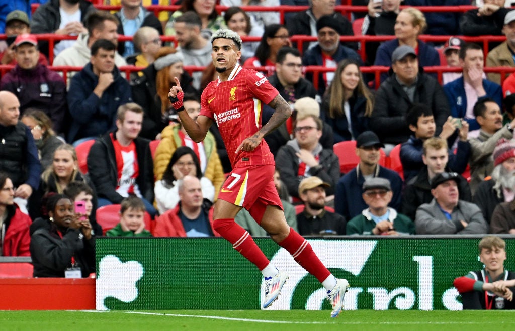 Diaz celebrates scoring Liverpool’s first Anfield goal under Arne Slot