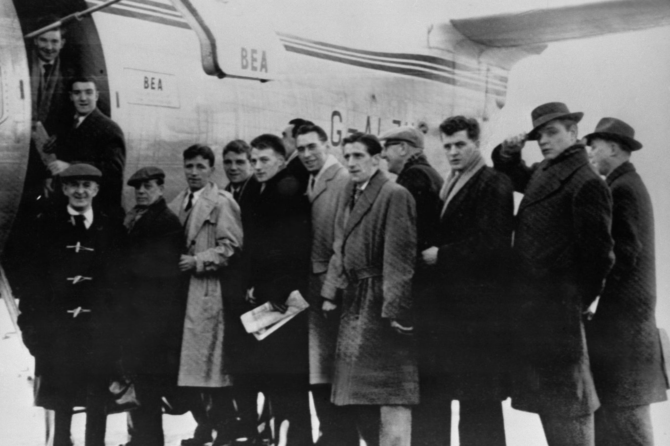 Manchester United’s ‘Busby Babes’ prepare to board the 1958 flight from Munich that will end in tragedy