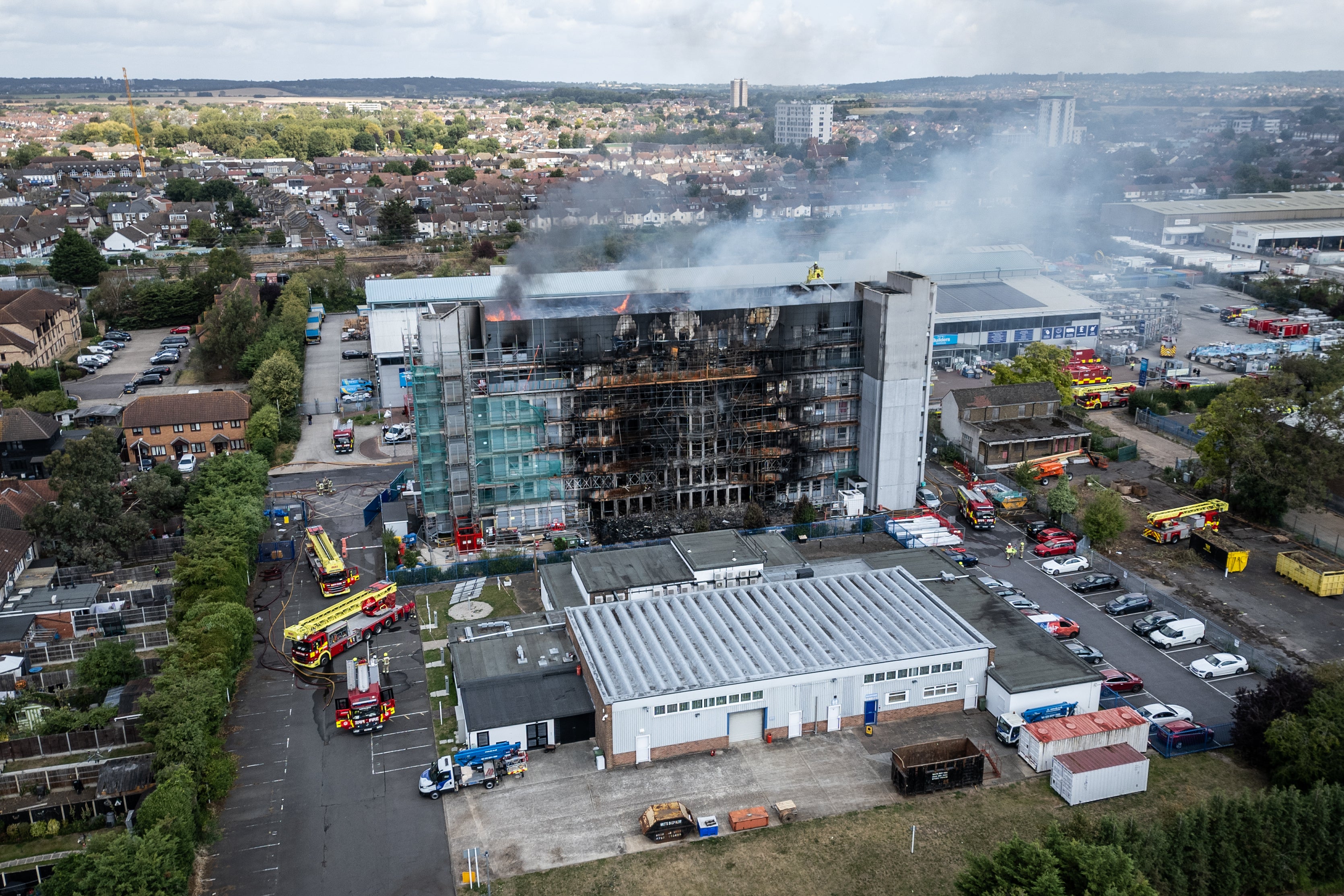 Fire crews try to extinguish the blaze in Dagenham