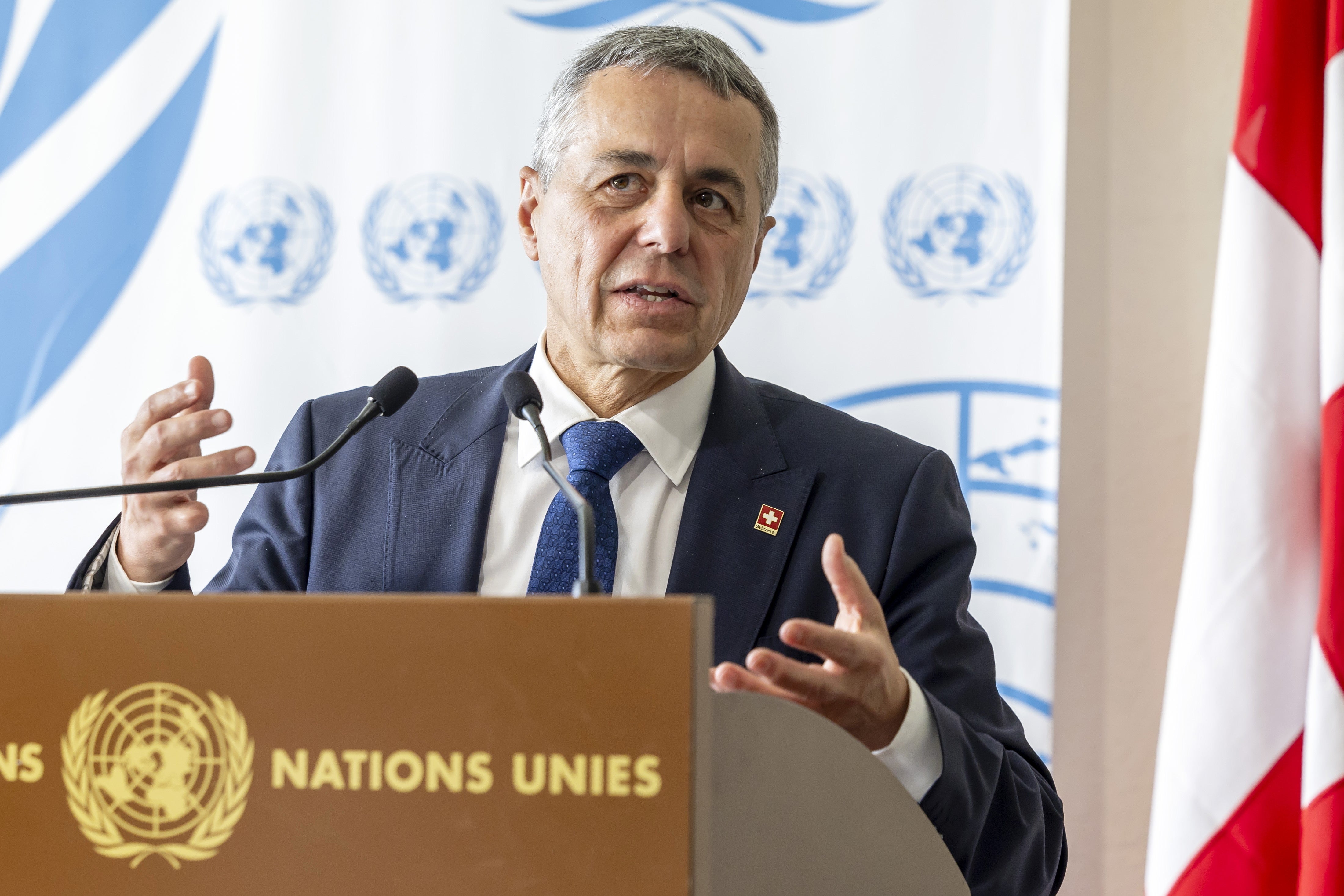 Swiss Foreign Minister Ignazio Cassis speaks during the visit of UN Security Council Members to the European headquarters of the United Nations in Geneva, Switzerland, on Monday