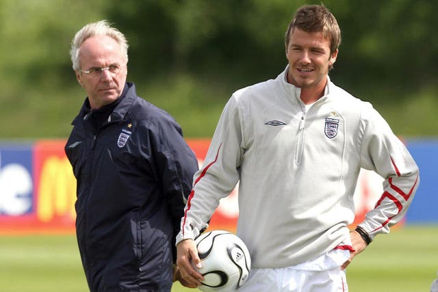 <p>David Beckham, right, has paid tribute to his former England manager Sven-Goran Eriksson who has died aged 76 (Martin Rickett/PA)</p>