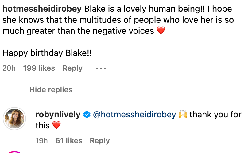 Blake Lively's sister Robyn responds to a fan's comment about the 