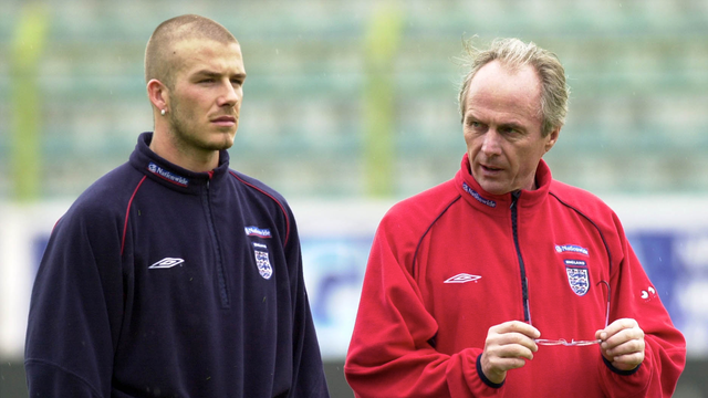 <p>David Beckham and Sven-Goran Eriksson after the training session in the stadium in Tirana, Albania in March 2001. </p>