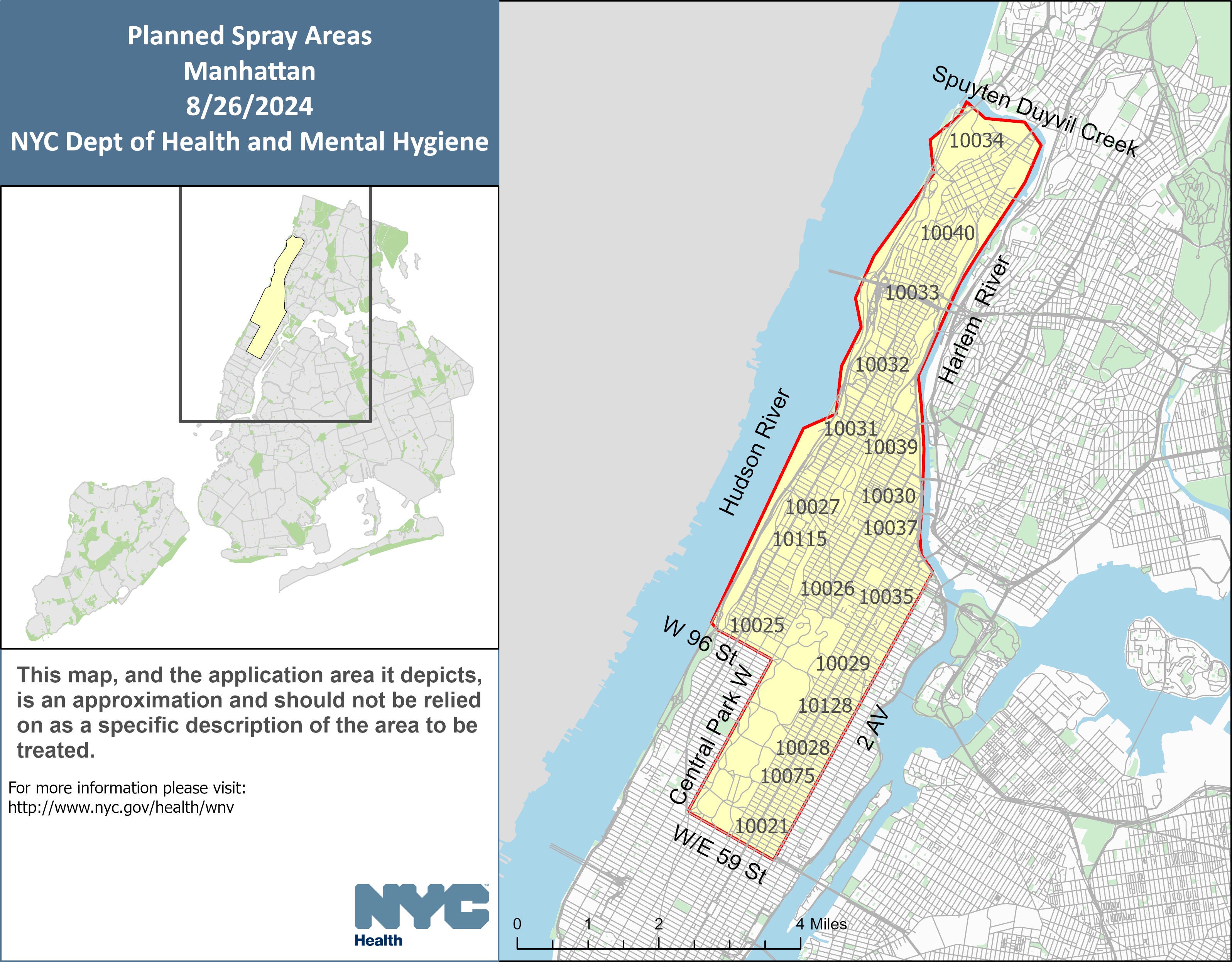 A map shows planned spray areas in the New York City borough of Manhattan on Monday. The city also plans to spray adulticide in Brooklyn on Wednesday.