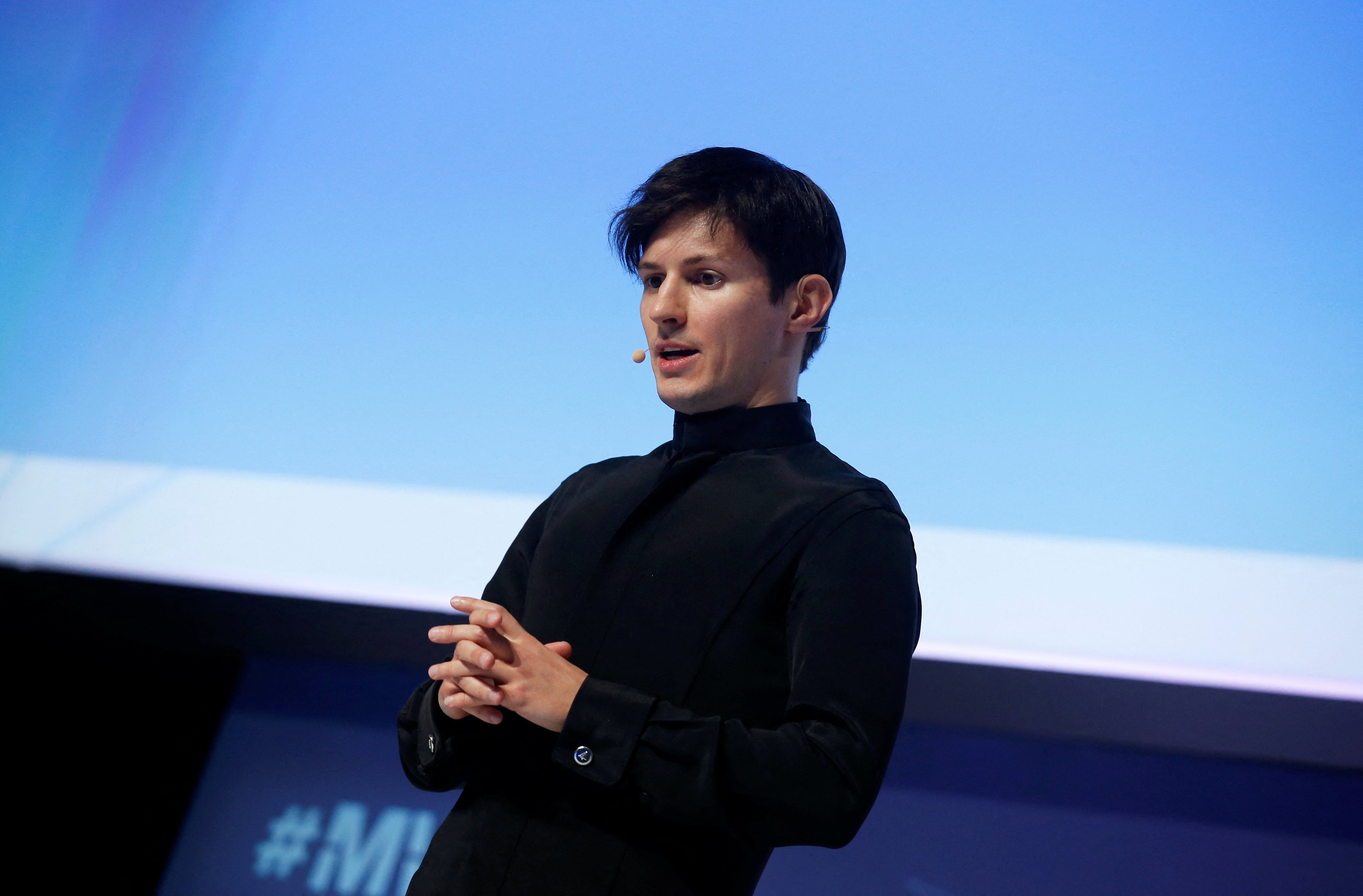 Durov delivers a keynote speech during the Mobile World Congress in Barcelona