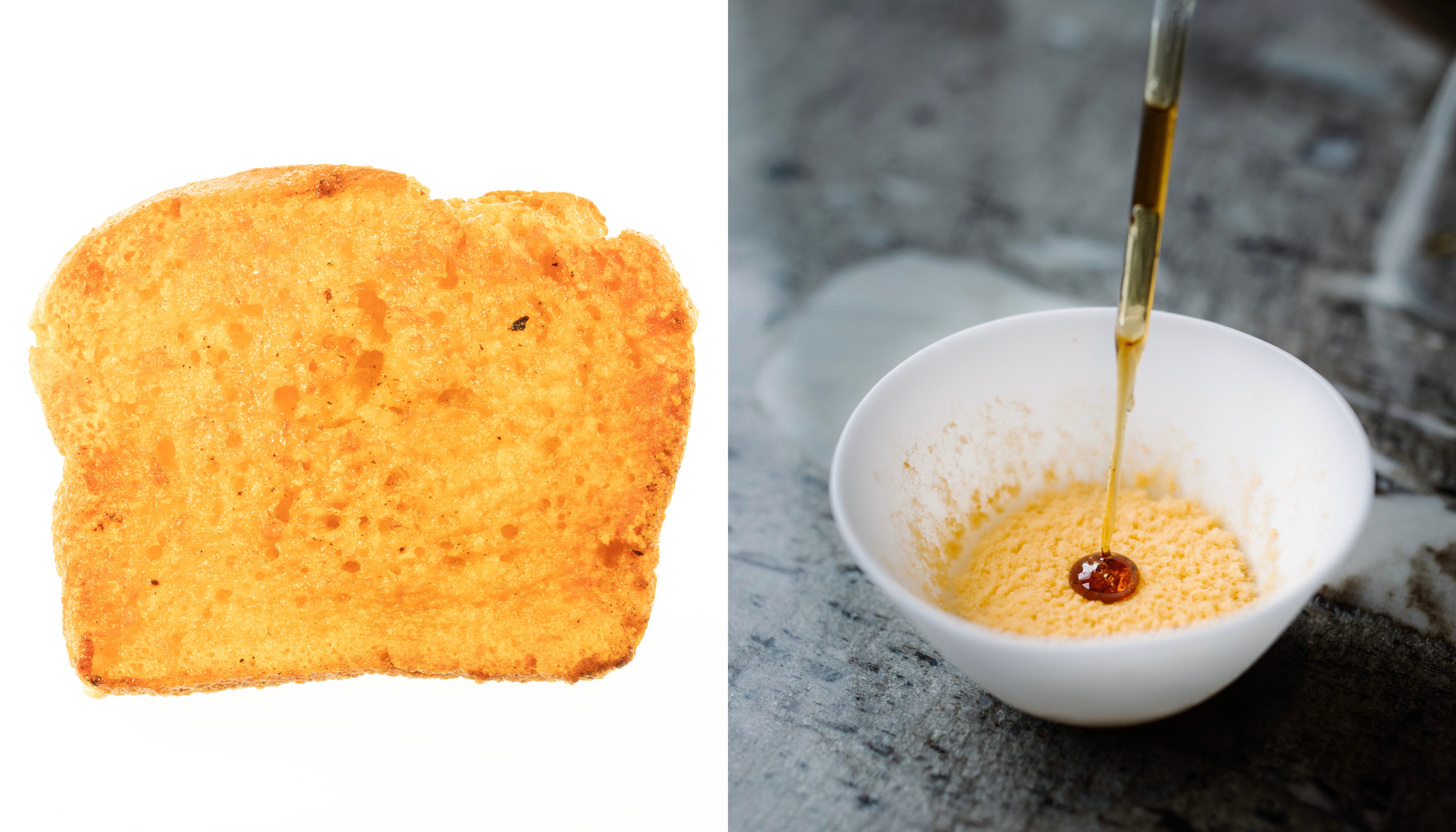 Neurospora intermedia, an orange mould, turns day-old bread into a cheesy treat when toasted (left). The mould transforms sugarless rice custard into a sweet dessert served at the Alchemist restaurant in Copenhagen (right)