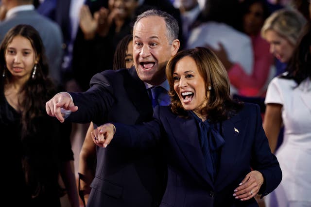 <p>Second Gentleman Doug Emhoff and Democratic presidential nominee, U.S. Vice President Kamala Harris celebrate after she accepted the Democratic presidential nomination  during the final day of the Democratic National Convention at the United Center on August 22, 2024 in Chicago, Illinois</p>