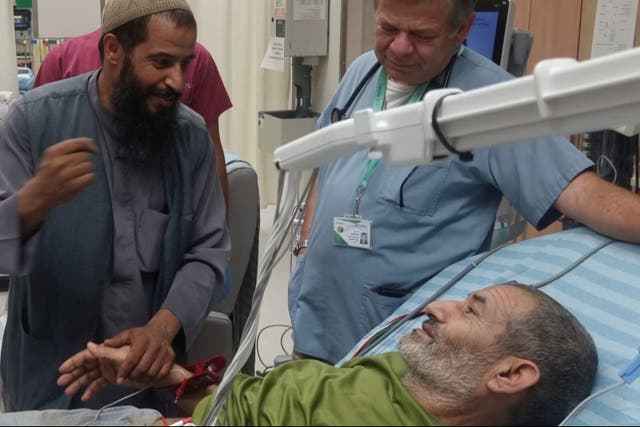 <p>Qaid Farhan Alkadi, a Bedouin Israeli hostage is greeted by a loved one at Soroka Medical Center in Beersheba, Israel</p>
