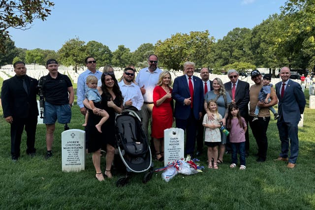 <p>Donald Trump claims Kamala Harris ‘made up’ the Arlington National Cemetery scandal involving his campaign despite confirmation from the US Army that an employee was ‘abruptly pushed’</p>