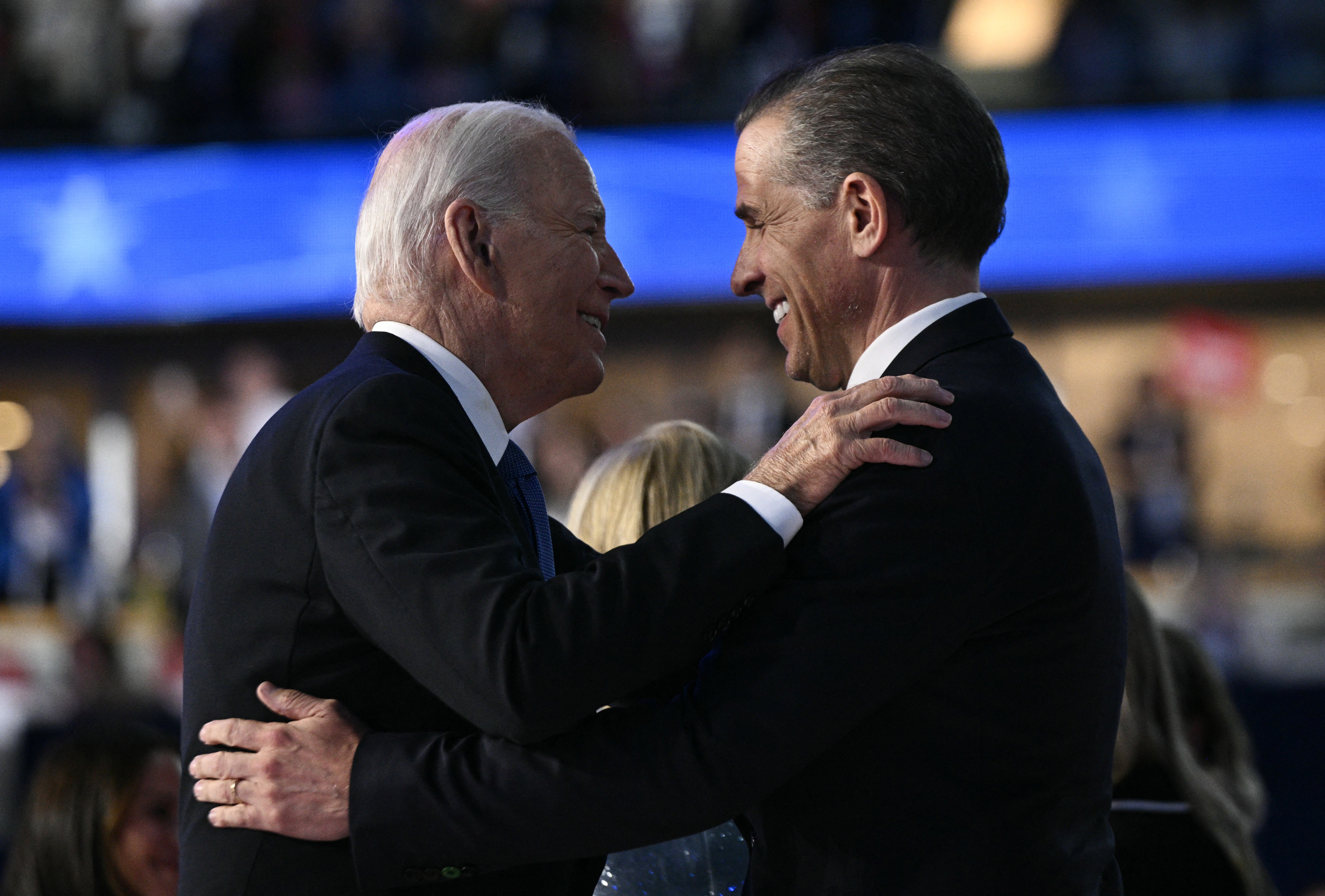 President Joe Biden and his son Hunter Biden hug on stage at the DNC. Trump falsely claimed Mark Zuckerberg was pressured by the White House to suppress stories about Hunter’s laptop